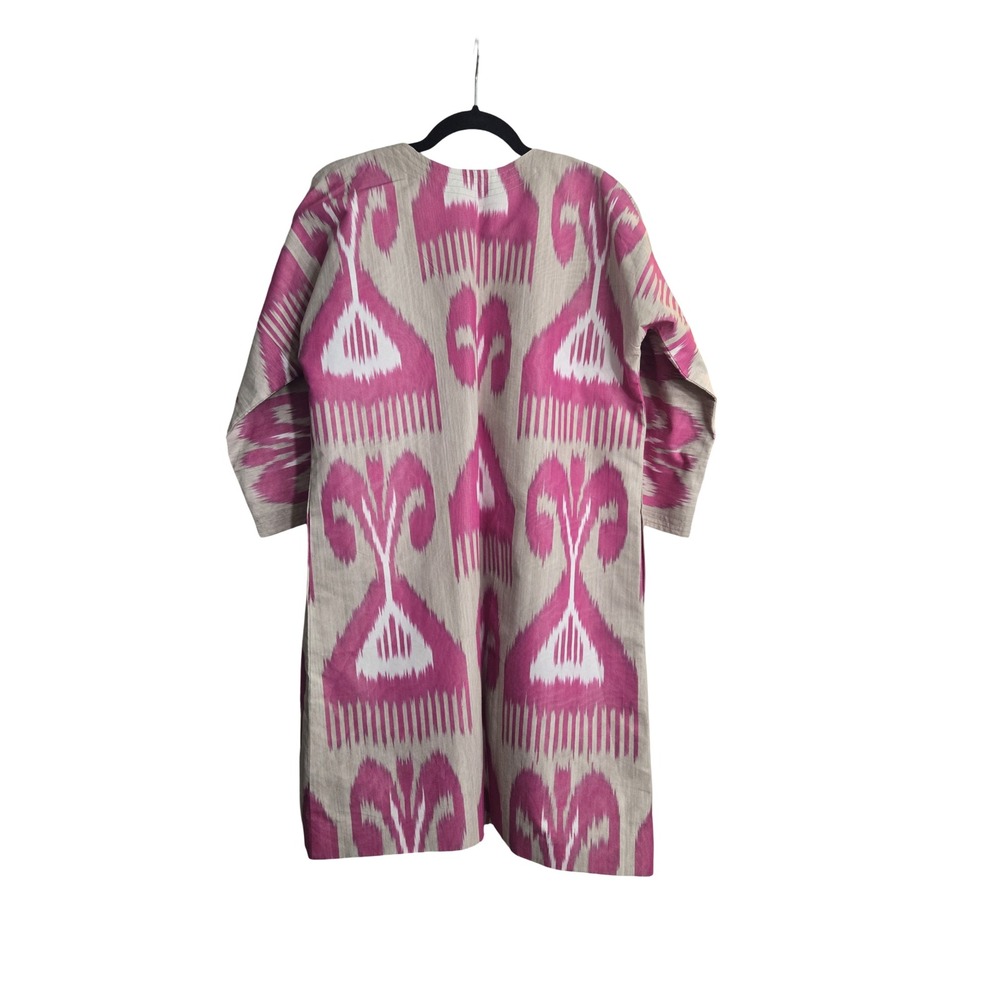 Handmade Pink Ikat Open Front Duster Coat Women Boho Tribal Geometric Jacket XL - Picture 2 of 3